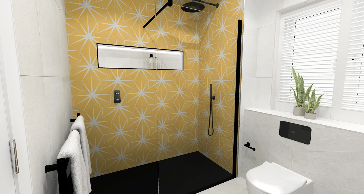 3D CAD Drawing of an Ensuite with a yellow tiled background for a black shower, designed by Whytes